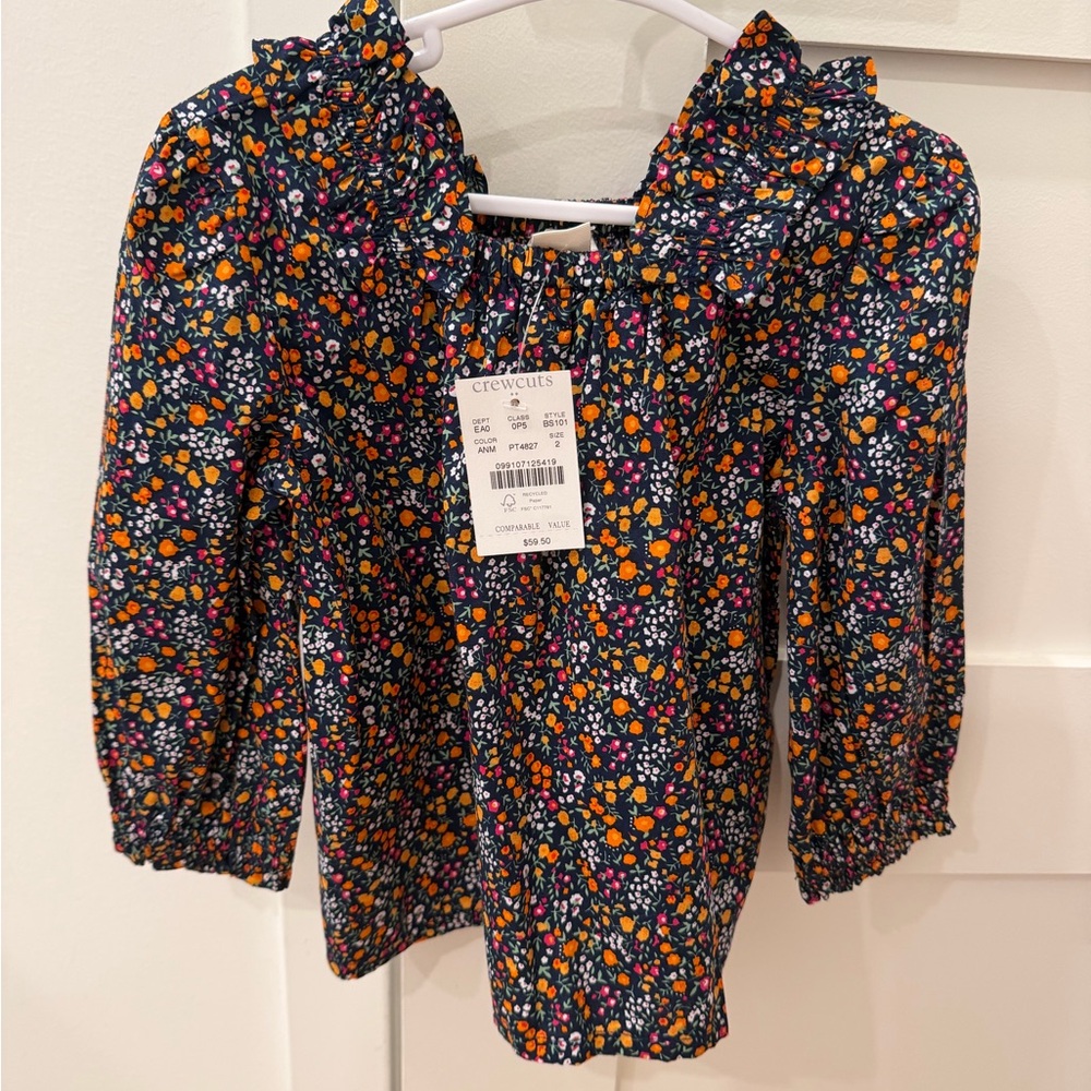 Crewcuts 2T Navy Floral Ruffle-Neck Long Sleeve Top